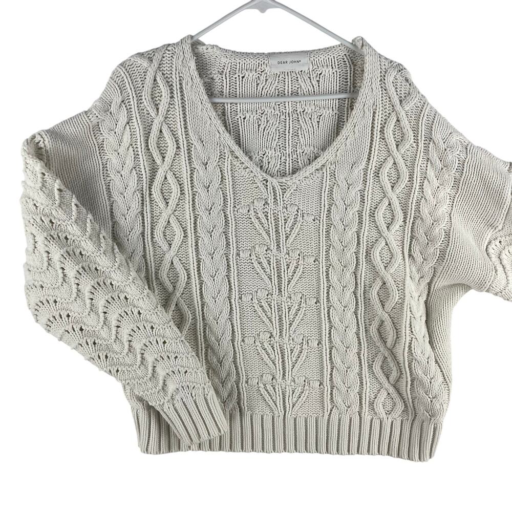 Dear John Womens Cable Knit V-Neck Sweater M Ivory Pointelle Cropped Dolman